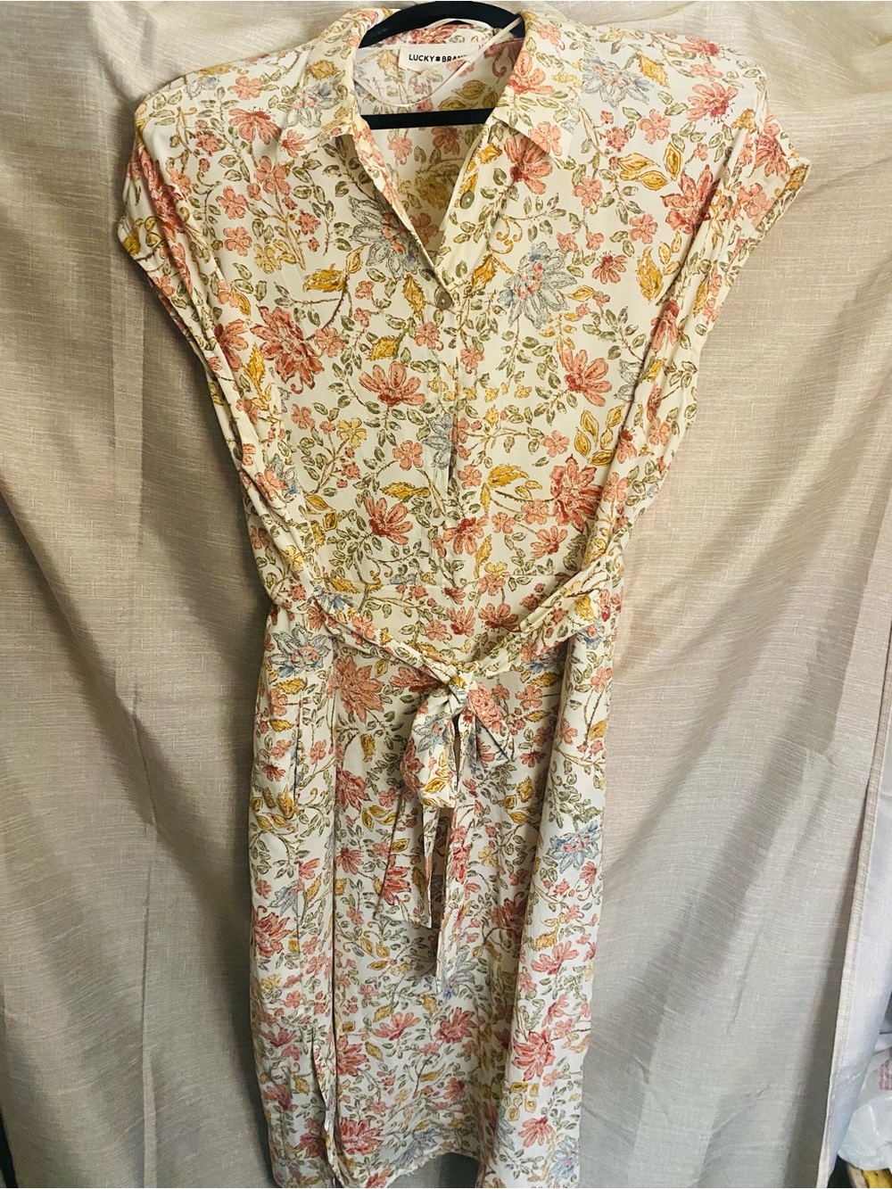 Lucky Brand Cream Floral Tie-Waist Midi Dress with Pink & Yellow Blooms